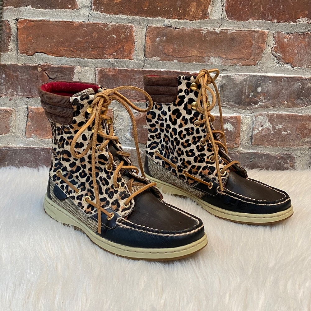 Sperry Topsider Hikerfish Leather Leopard Print Calf Hair Boots, Size 7M